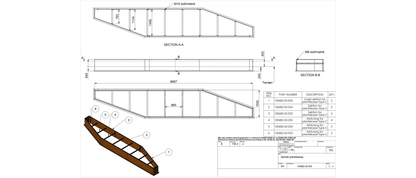 Konstruktionstegninger af corten plantekasse